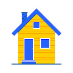 Yellow house with windows, a door and a blue roof. Cozy accommodation isolated on white background. Vector.