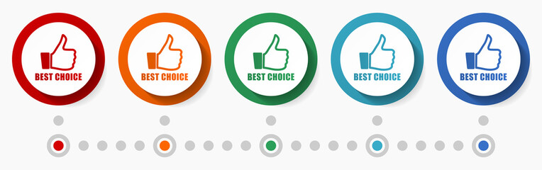 Best choice, business concept vector icon set, flat design colorful buttons, infographic template in 5 color options