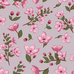 Cute spring cherry blossom vector seamless pattern