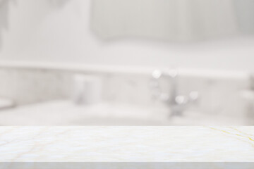 Empty white marble table top with blur bathroom background