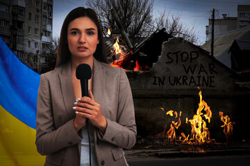 Stop war in Ukraine. Journalist with Ukrainian flag near destroyed house outdoors