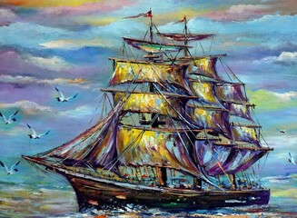 Art painting oil color sailboat , barque lucky , auspicious , fortune ,  junk boat - obrazy, fototapety, plakaty