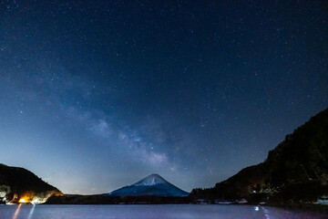 山梨県精進湖と富士山と天の川の星空