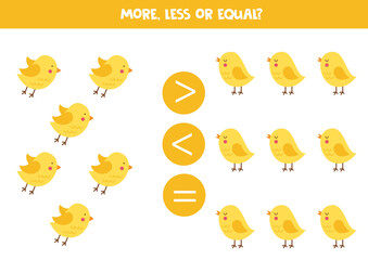 More, less, equal with cute yellow birds.