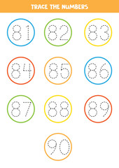 Tracing numbers from 81 to 90. Writing practice for kids.