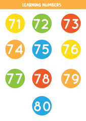 Learning numbers cards from 71 to 80. Colorful flashcards.