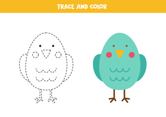 Trace and color cute cartoon bird. Worksheet for children.