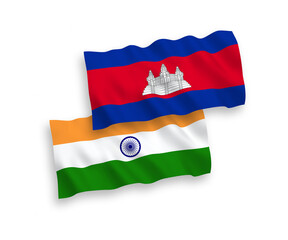 Flags of India and Kingdom of Cambodia on a white background