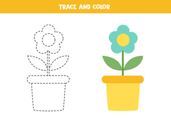 Trace and color cartoon flower. Worksheet for children.