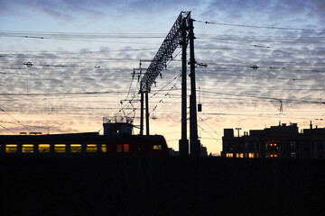 Railway catenary and fascinating sunset