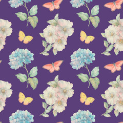 Delicate watercolor flowers and butterflies collected in a seamless pattern for design. Digitally processed seamless botanical pattern.