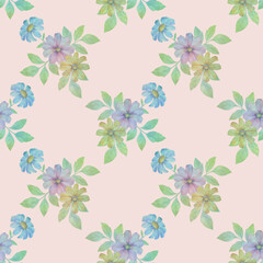 Abstract watercolor illustration with flowers. Watercolor flower prints with leaves repeating seamless pattern. endless motif for textile decor, wallpaper, wrapping paper packaging and design