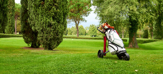 Golf cart with bag and golf clubs in the fairway of a golf course, parked at the edge of the green.
