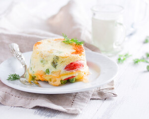 Omelet with vegetables on a white plate