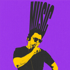 Creative design. Modern artwork. Young man, party Dj performing isolated over purple background