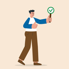 Man holds a placard with accept mark and raises her hand with sign ok. Make your choice concept. Positive answer.