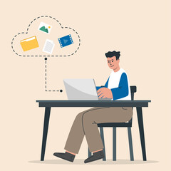 Man storing data on cloud server. Digital platform for backup saves. Store drive, data library, document archive. Cloud storage for information. Media database.