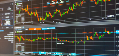 Stock market data.Online trading,investing platform on the computer screen.Selective focus.Banner.Panoramic view.