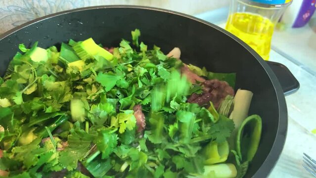 asian cuisine vietnamese hot salad sao the whole exact cooking process from slicing to frying celery leeks pork or beef and cilantro it is very tasty all this cuts with a knife sip and interfere with.