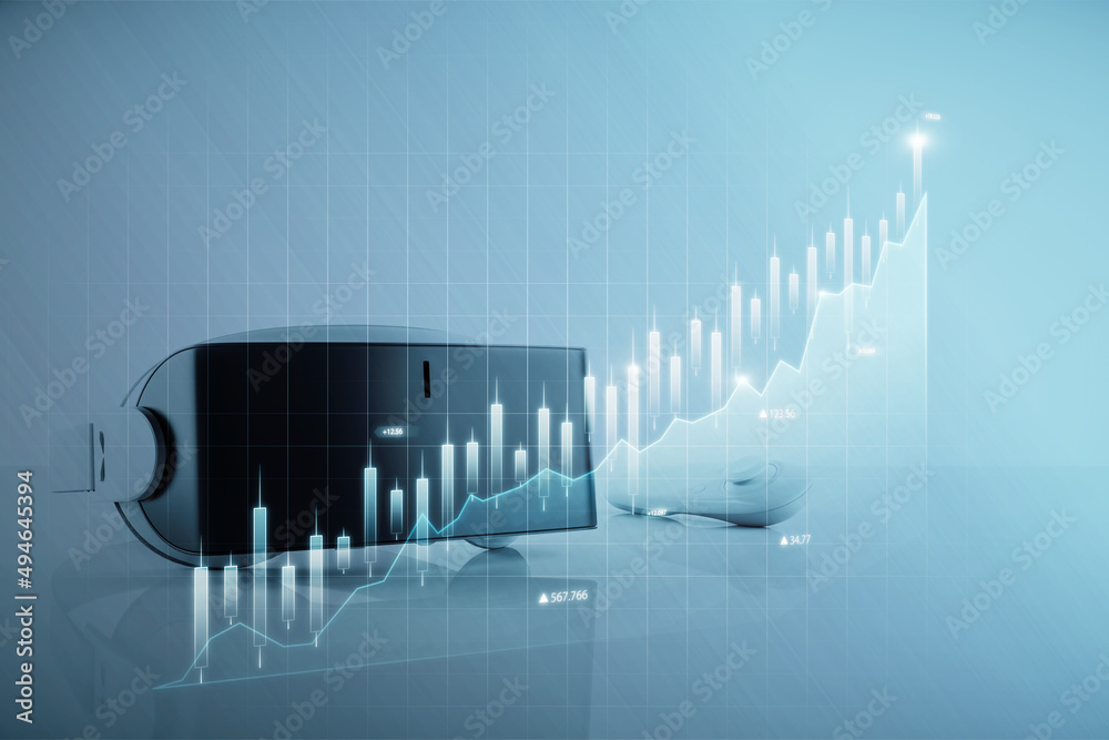 Poster close up of vr glasses on desktop with abstract glowing business chart on blurry background. trade, 