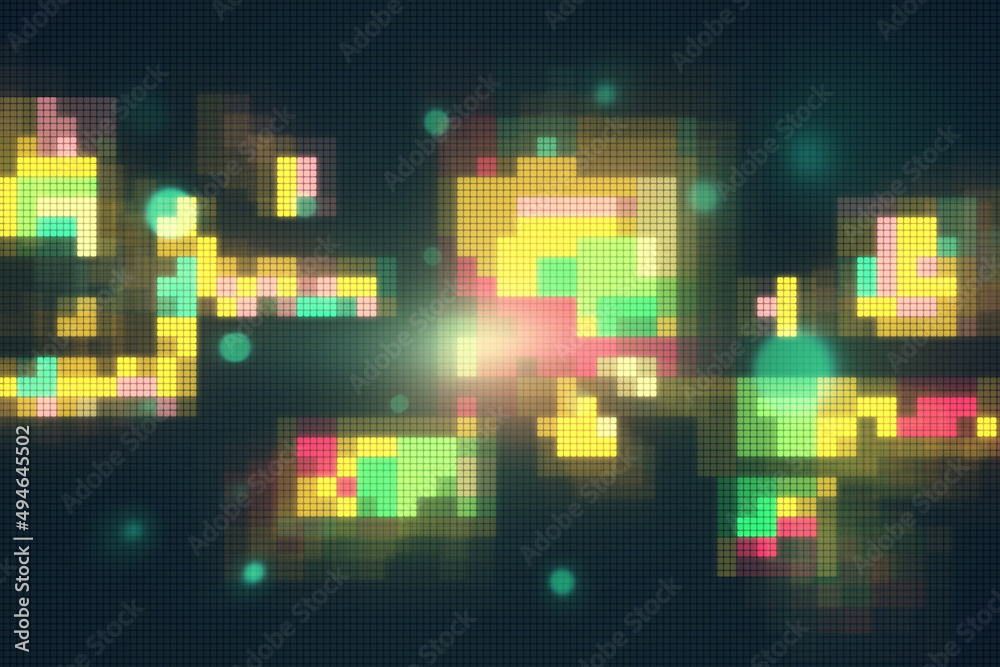 Poster creative colorful blurry pixel blocks wallpaper. bg and technology, digital world concept. 3d render