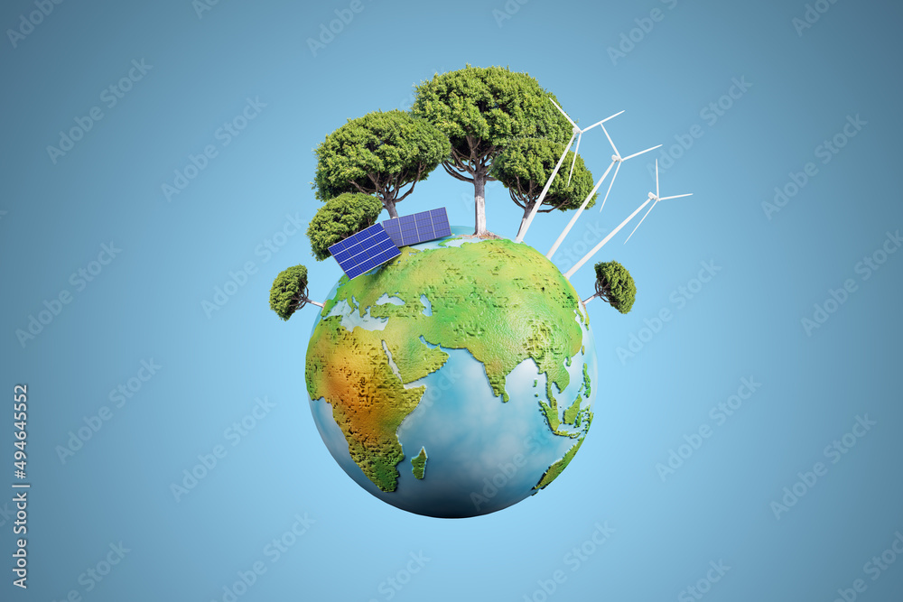 Poster creative globe with trees and solar panels on blue background. energy and sustainable concept. 3d re