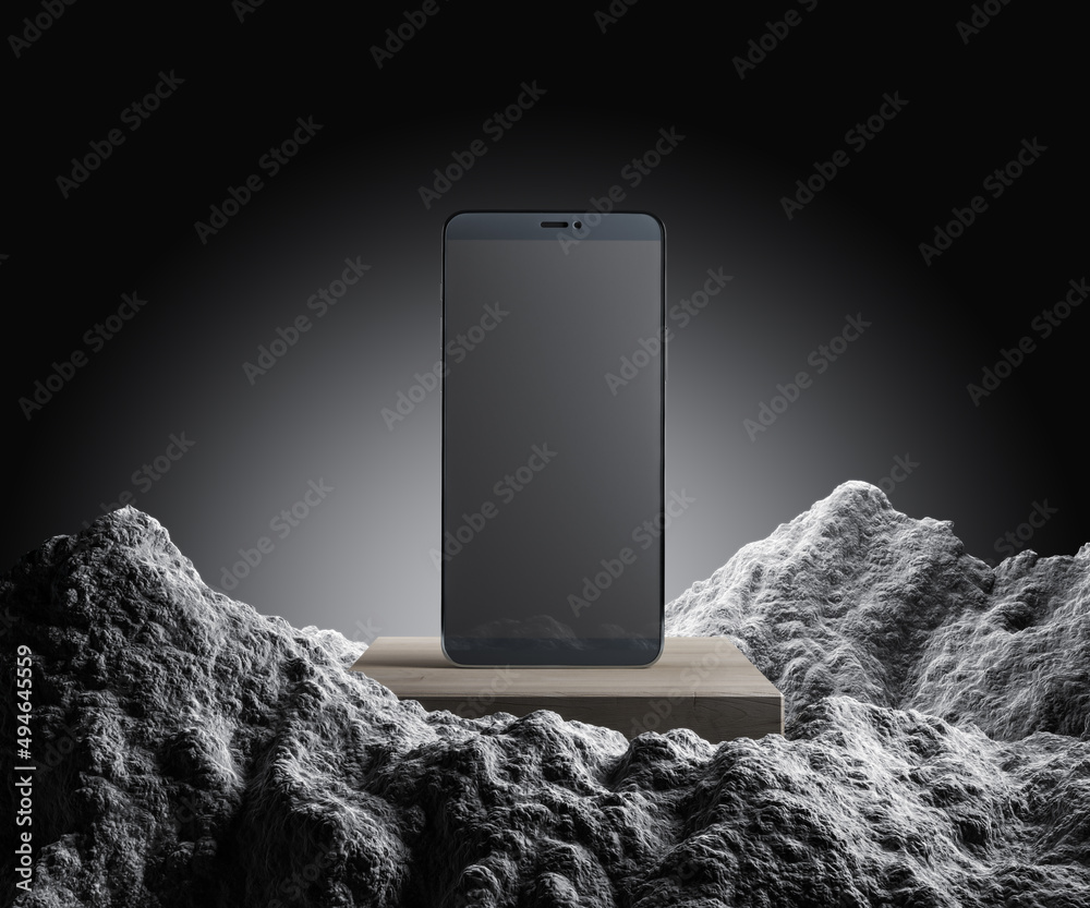 Poster Empty smartphone on creative pedestal with rock mountain on grey background with mock up place. Presentation concept. 3D Rendering.