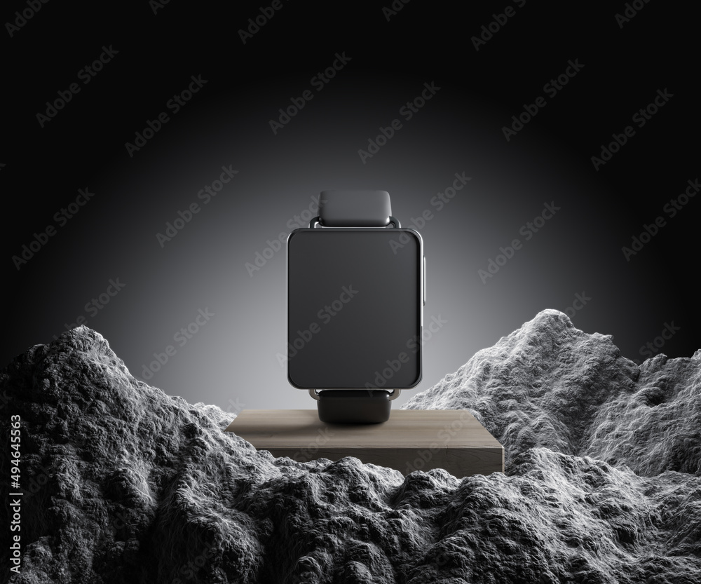 Aufkleber Empty digital watch on creative pedestal with rock mountain on grey background with mock up place. Presentation concept. 3D Rendering.