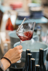 hand with a glass of red wine at a wine tasting