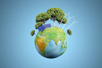 Creative globe with trees and solar panels on blue background. Energy and sustainable concept. 3D Rendering.