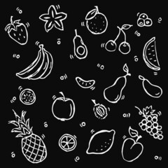 Vector set icons with fruits. Doodle vector with fruits icons on black background. Vintage vegetarian set icons