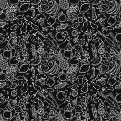 Seamless fruits and vegetables vector pattern. Doodle vector with fruits and vegetables icons on black background. Vintage vegan pattern, sweet elements background for your project, menu, cafe shop.