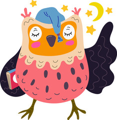 Owl with a book and a night cap. Vector illustration for children