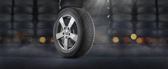 Car tires with a great profile in the car repair shop - obrazy, fototapety, plakaty