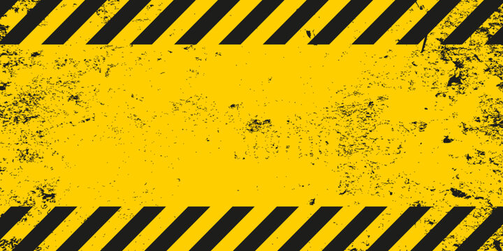 Dirty old grunge black and yellow warning striped line background template. Construction safety sign banner