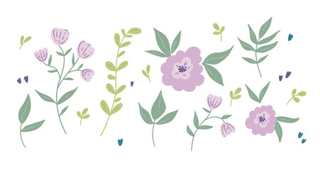 Set of purple flowers and leaves. Modern and simple drawing. Cute spring garden and nature elements, isolated on white.