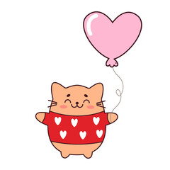 Cute ginger cat with a balloon in the shape of a heart. A fat domestic cat in a sweater. Vector illustration in the style of kawaii.