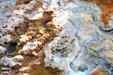 Close-up of dried salt and water, an environmental problem.