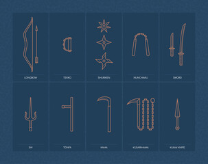 Vector set line symbol of classic ninja weapon. Blue background. © Jan