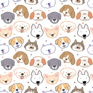 Seamless Pattern with Hand Drawn Dog Face Design on White Background