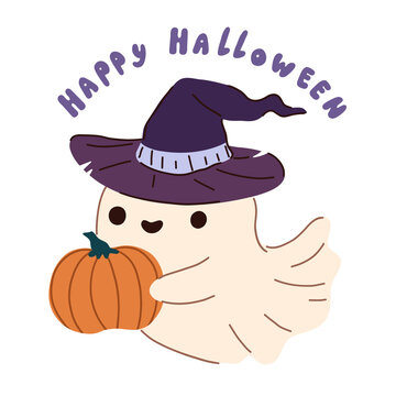 Halloween ghost spirit with pumpkin and witch hat in cute kawaii style. Halloween Little funny smiling samhain ghosts. trick or treat vector cartoon