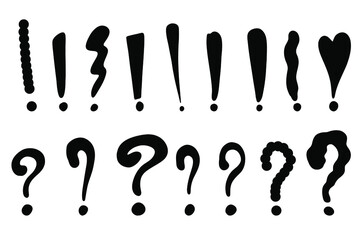 Hand drawn exclamation marks and question marks. Doodle exclamation point. Punctuation marks. Black vector illustration on white background.