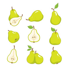 Set with green pears in cartoon style. A whole pear, a slice of pear. Vector isolated food illustration.