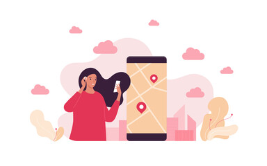 Travel and urban tourism concept. Vector flat character illustration. Female tourist with smartphone in hand on city background. Map with pinpoint on smart phone screen.