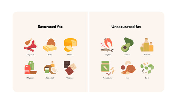 Healthy food guide concept. Vector flat modern illustration. Saturated and unsaturated fat compare infographic with product icon and name labels.