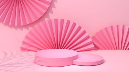 A mock pink circle to place a product sample. On a pastel pink fan shape background, 3D rendering.