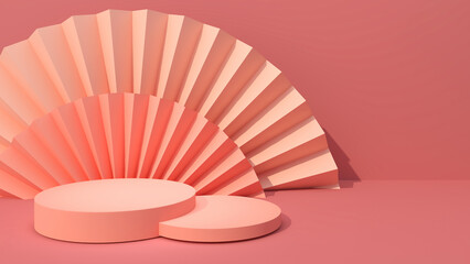mock up red circle to place a product sample. On a pastel red fan shape background, 3D rendering.