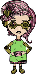 Steampunk girl, industrial character with a letter