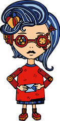 Steampunk girl, industrial character with a letter