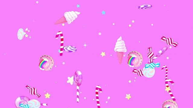 Looped bouncing cartoon candies on pink background animation.
